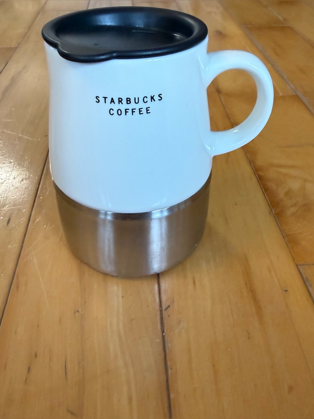 Starbucks White Ceramic Mug with Black Lid and Silver Base